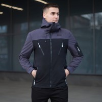 Куртка чоловіча демісезонна з капюшоном чорно-сіра Pobedov Korol' Lev