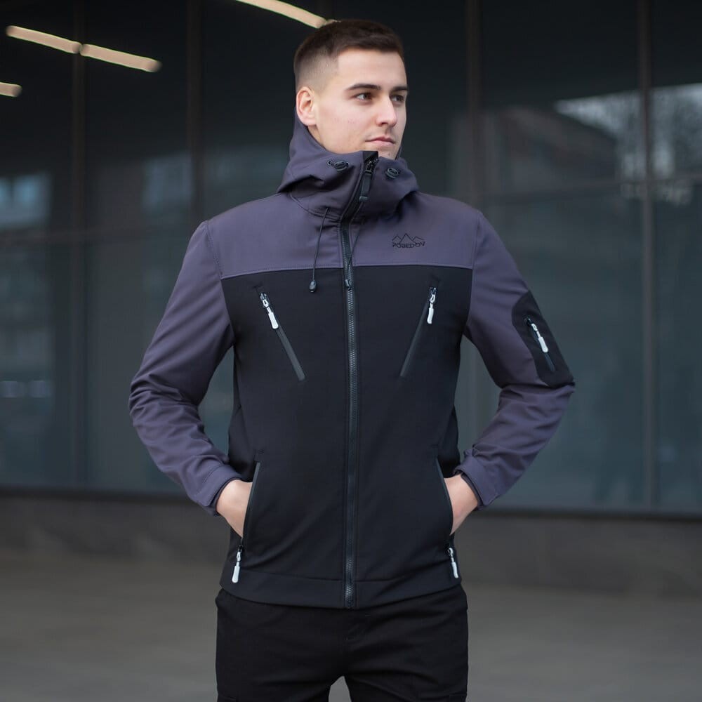 Куртка чоловіча демісезонна з капюшоном чорно-сіра Pobedov Korol' Lev, POB_00000000229