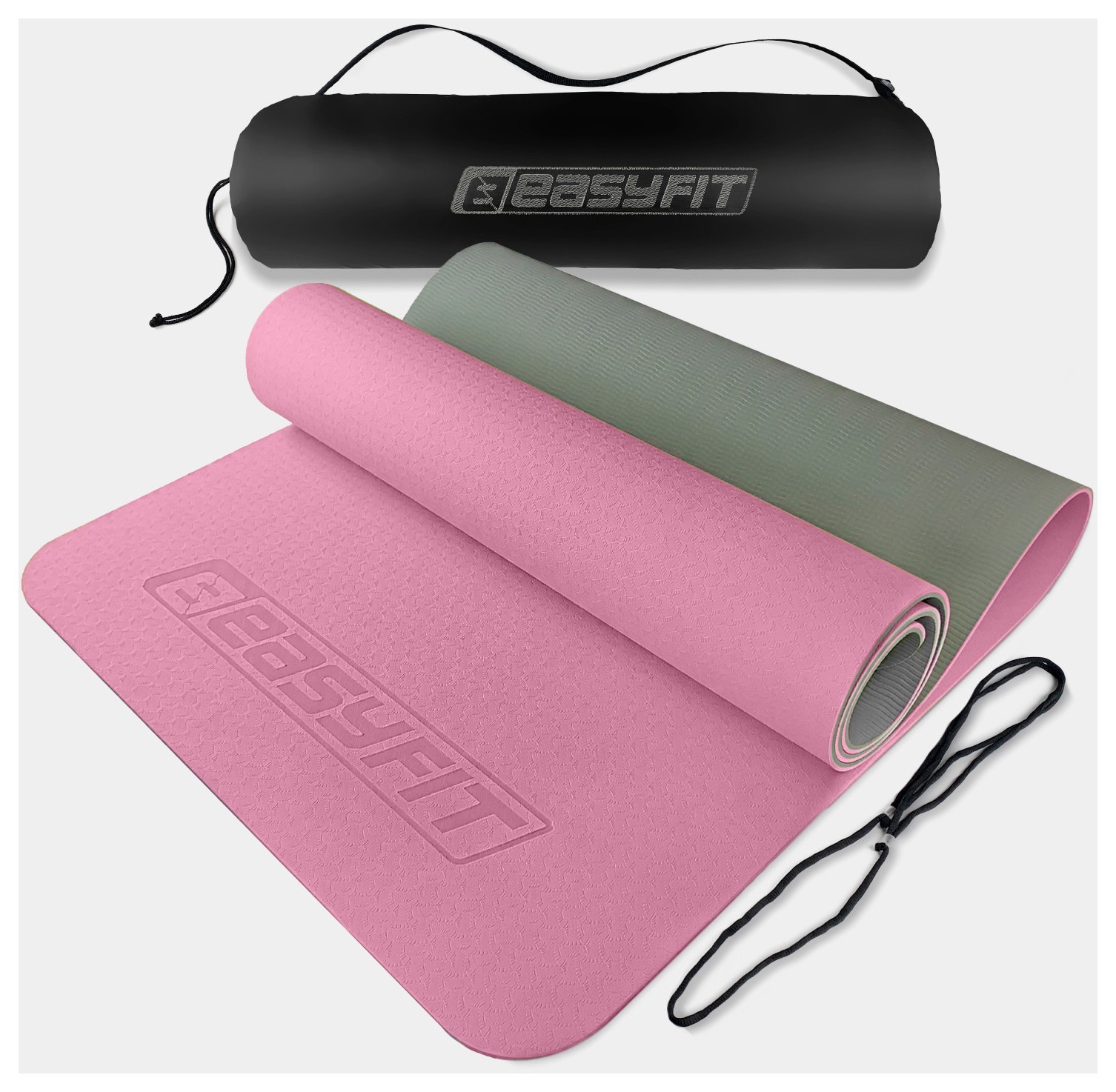 Коврик для йоги и фитнеса EasyFit TPE+TC 6 мм двухслойный розово-серый + серый чехол с черным, EFIT_EF-1924s-PKGY