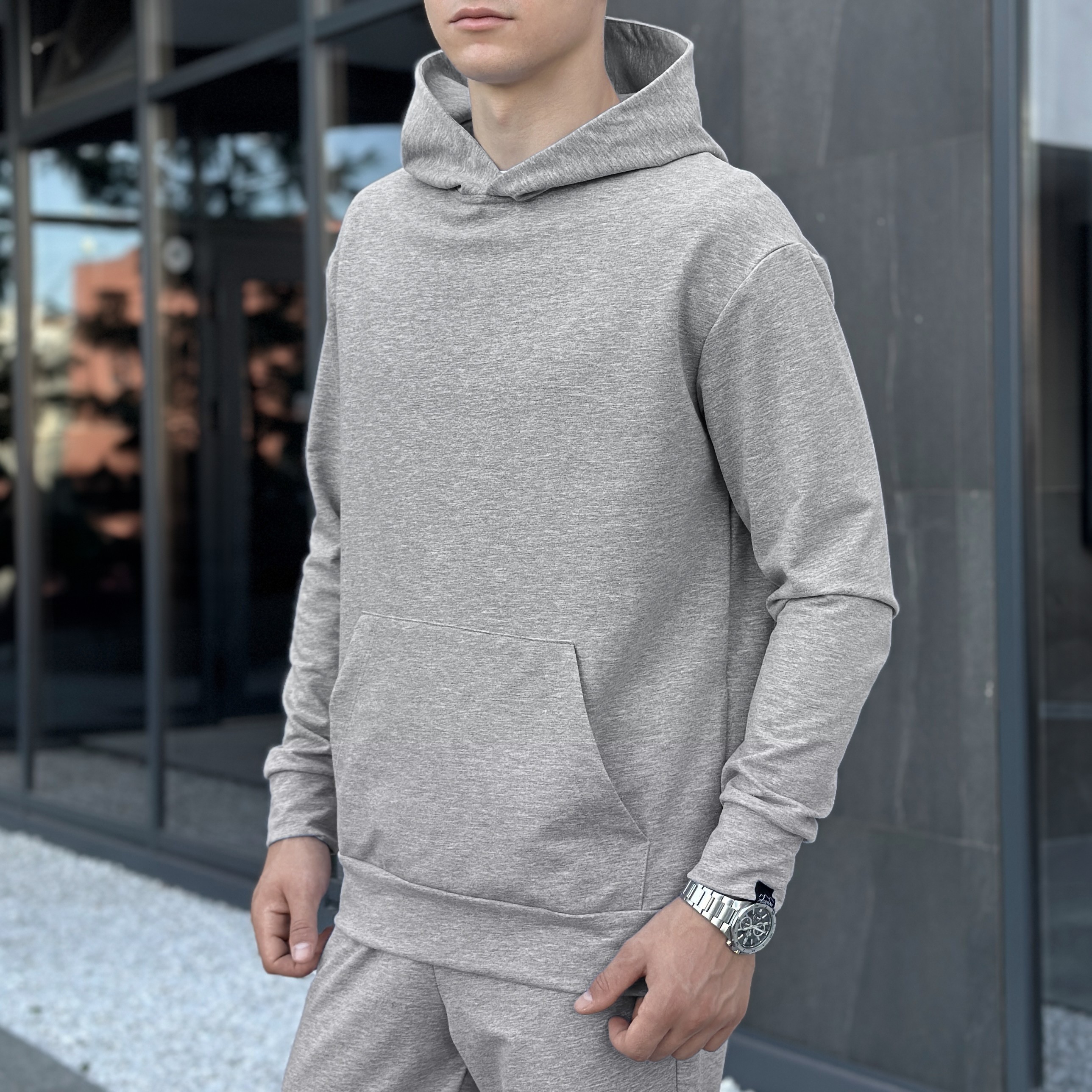 Чоловіче демісезонне худі з капюшоном сіре Pobedov 001, POB_00000000978