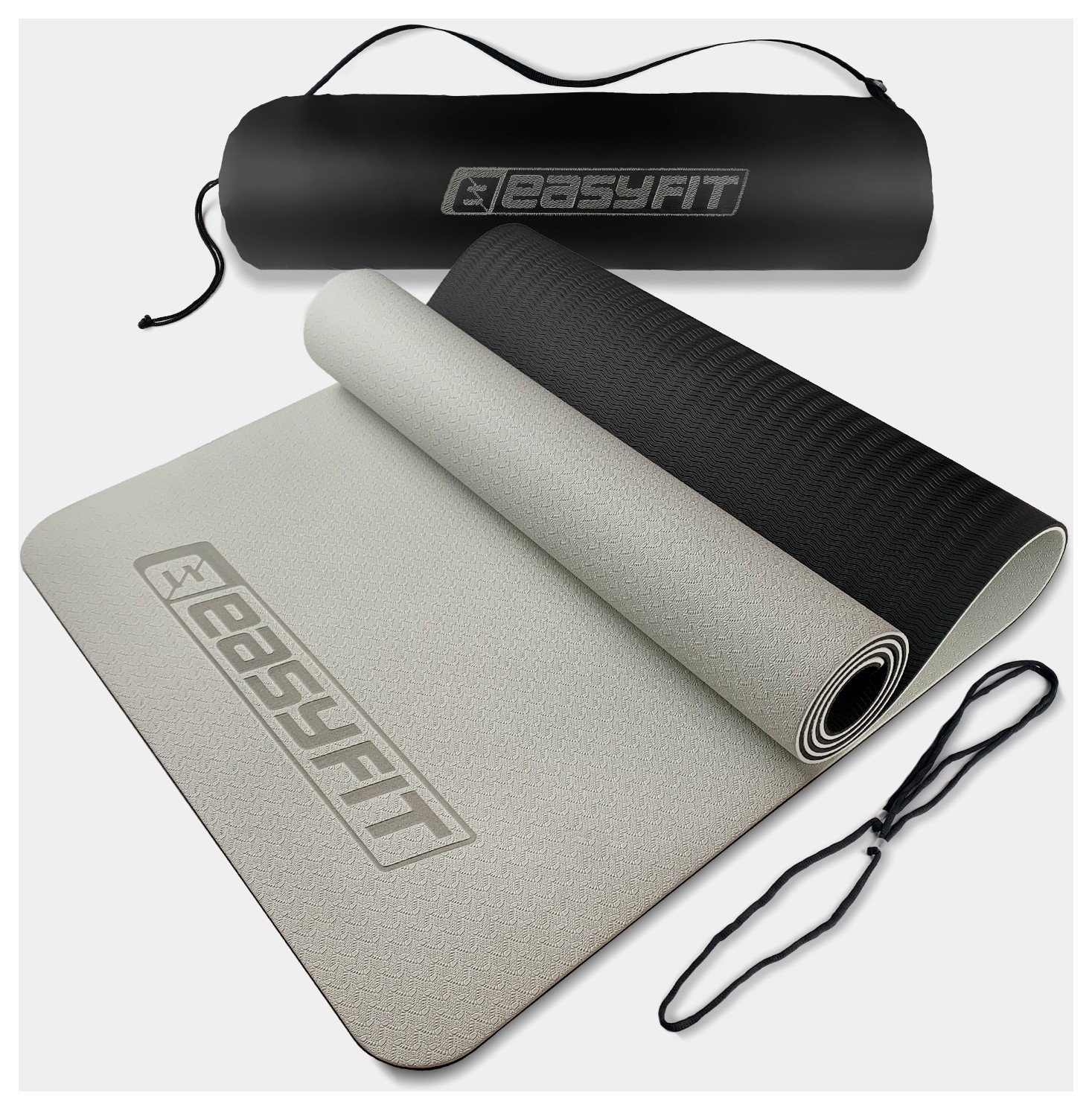 Килимок для йоги та фітнеса EasyFit TPE+TC 6мм двошаровий + Чохол сірий з чорним, EFIT_EF-1924s-GYBK