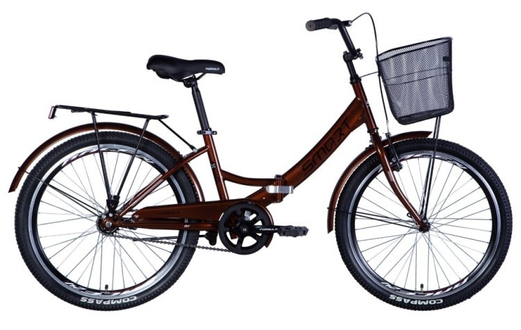 Велосипед ST 24" Formula SMART тормозная рама- " с багажником задн St с корзиной Pl с крылом St 2024 (коричневый), OPS-FR-24-389