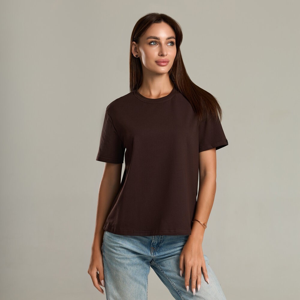 Шоколадна базова жіноча футболка Pobedov Freedom. Бавовняна трендова шоколадна жіноча футболка, POB_00000008824