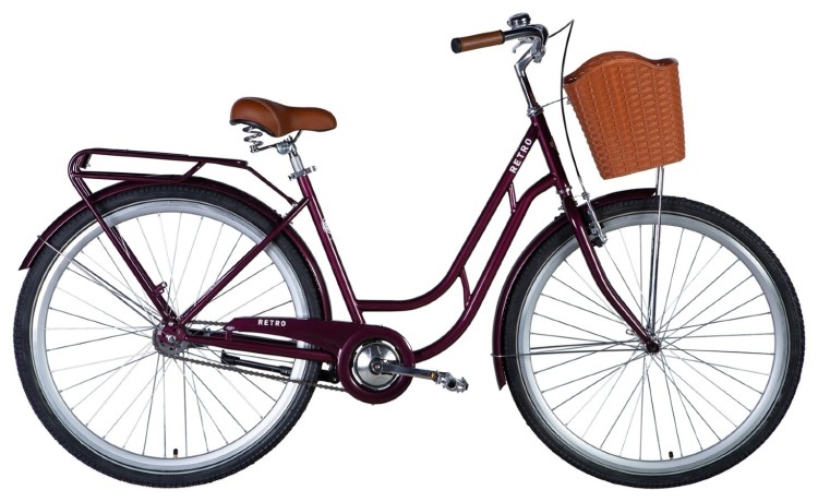 Велосипед ST 28" Dorozhnik RETRO Velosteel рама-" с багажником задн St с корзиной Pl с крылом St 2024 (малиновый), OPS-D-28-393