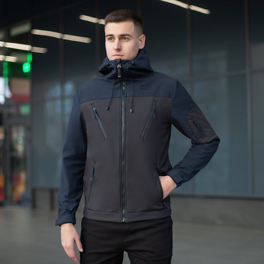 Куртка чоловіча демісезонна з капюшоном чорно-синя Pobedov Korol' Lev, POB_00000000218