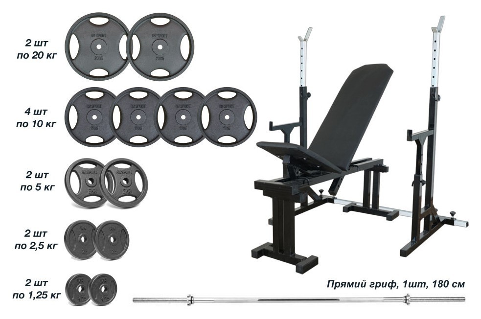 Крамниця 090 + Стійки зі страхувальними упорами UM 0150 + Металева штанга RN-Sport Quatro 105 кг, RNS_UM0150-105m
