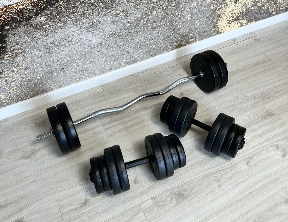 Штанга W-подібна на 25 кг та дві гантелі по 16 кг + рукавички, RNS_Bitum Rn0057