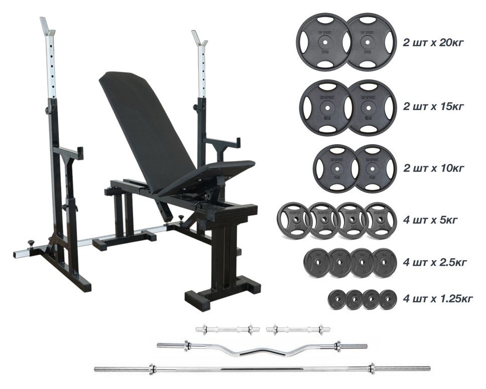 Крамниця 090 + Стійки зі страхувальними упорами UM 0150 + 125 кг дисків + 4 грифи RN-Sport, RNS_UM0150-125m