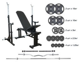 Крамниця 090 + Стійки зі страхувальними упорами UM 0150 Штанга + металева 83 кг, гриф W, гантелі RN-Sport
