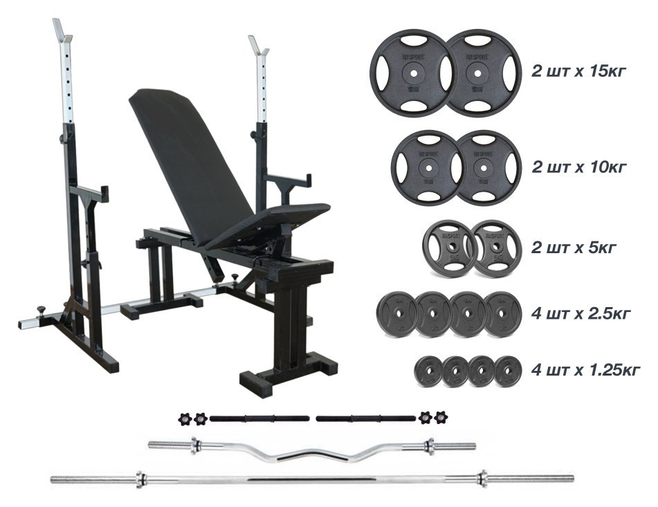 Крамниця 090 + Стійки зі страхувальними упорами UM 0150 Штанга + металева 83 кг, гриф W, гантелі RN-Sport, RNS_UM0150-83m