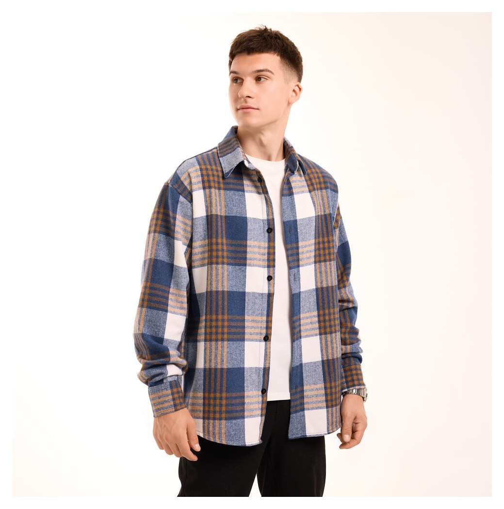 Теплая мужская рубашка в клетку Pobedov Tartan. Рубашка осенняя синяя, POB_00000009441