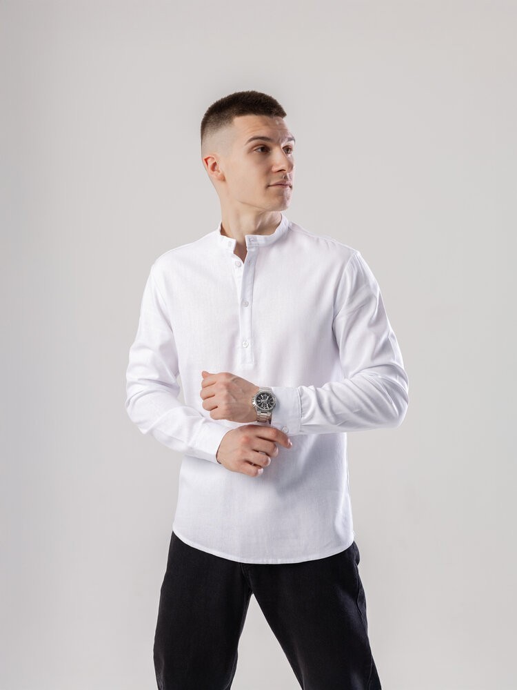 Лляна сорочка з довгим рукавом casual Pobedov Exlnt. Біла сорочка чоловіча, POB_00000008763