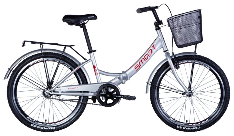 Велосипед ST 24" Formula SMART тормозная рама- " с багажником задн St с корзиной Pl с крылом St 2024 (серебристый), OPS-FR-24-391