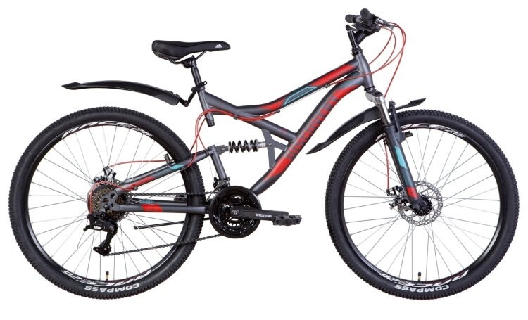 Велосипед ST 26" Discovery CANYON AM2 DD с крылом Pl 2022 (темно-серый с красным и голубым (м)), OPS-DIS-26-446