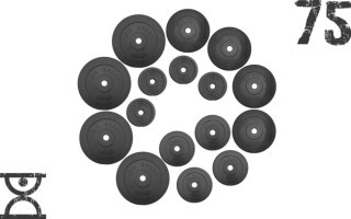 75 кг (4 по 10, 4 по 5, 4 по 2.5, 4 по 1.25) млинців на штангу покритих пластиком (31 мм)