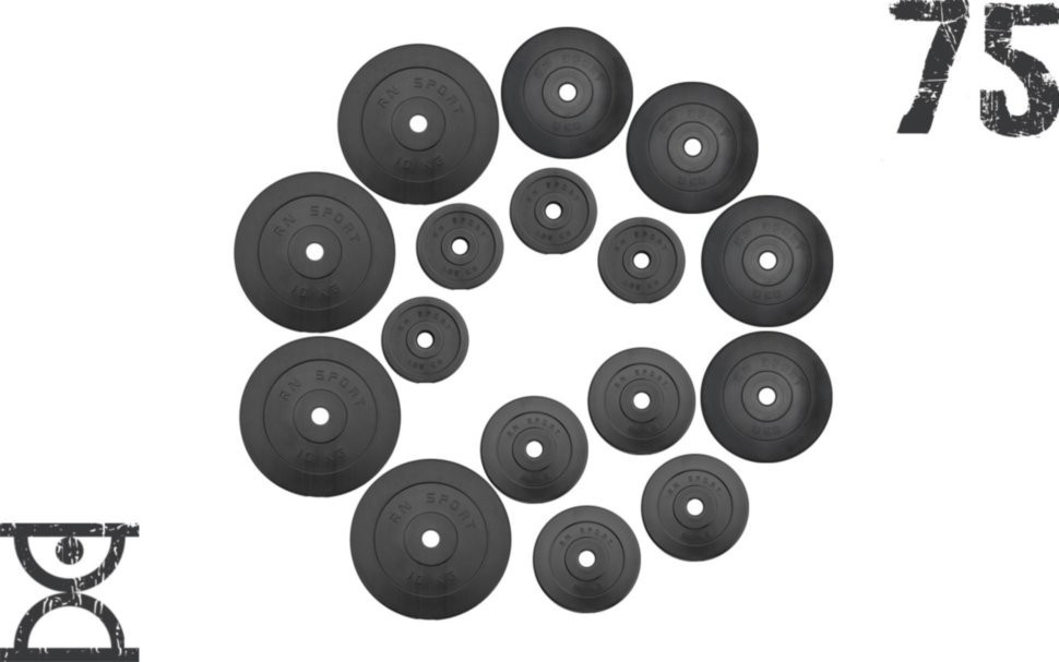 75 кг (4 по 10, 4 по 5, 4 по 2.5, 4 по 1.25) млинців на штангу покритих пластиком (31 мм), RNS_RNbitset75