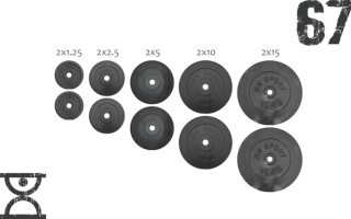 67 кг (2х1.25, 2х2.5, 2x5, 2х10 та 2x15) дисків, покритих пластиком (31 мм)