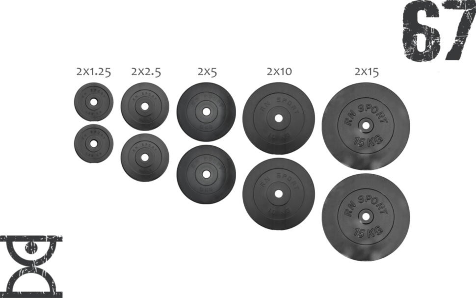 67 кг (2х1.25, 2х2.5, 2x5, 2х10 та 2x15) дисків, покритих пластиком (31 мм), RNS_RNbitset67