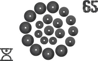 65 кг (4 по 1.25, 8 по 2.5, 8 по 5 кг) дисків, покритих пластиком (31 мм)