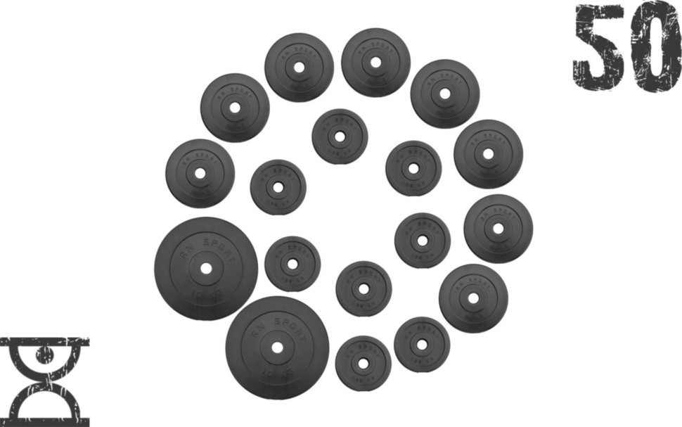 50 кг (2 по 10, 8 по 2,5, 8 по 1.25) дисків, покритих пластиком (31 мм), RNS_RNbitset50