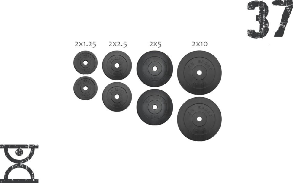 37 кг (2х1.25, 2х2.5, 2x5 та 2x10) дисків, покритих пластиком (31 мм), RNS_RNbitset37