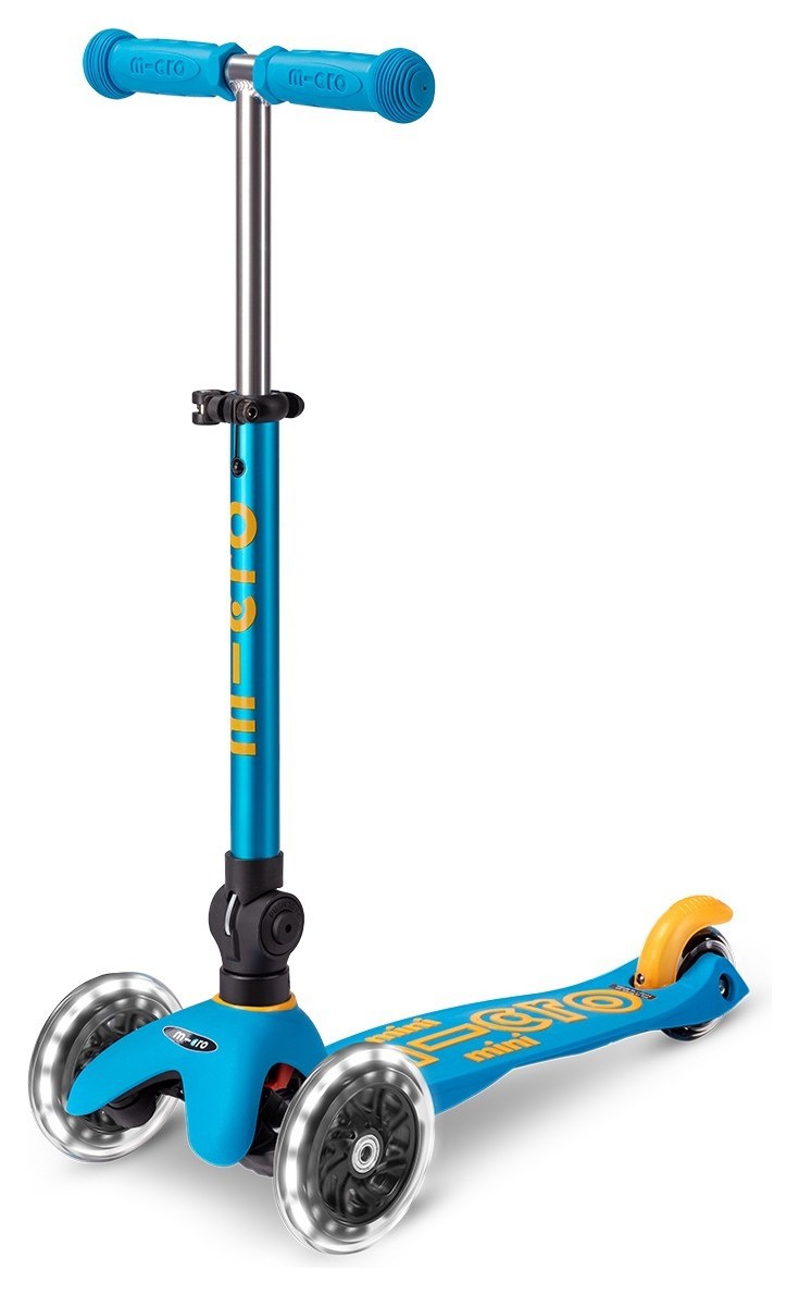 Самокат MICRO серии "Mini Deluxe Foldable LED" – ГОЛУБОЙ ОКЕАН (сложный, до 50 кг (kg), трехколесный, свет), MMD200