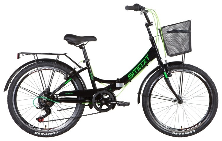 Велосипед 24" Formula SMART с корзиной, трещётка 2022 (черно-зеленый (м)), OPS-FR-24-377
