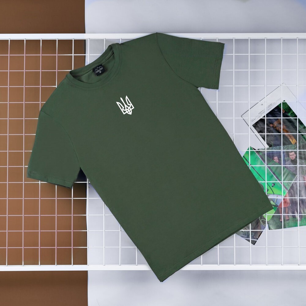 Футболка чоловіча однотонна хакі Pobedov Peremoga - наклейка Герб 4см біла, POB_00000007404