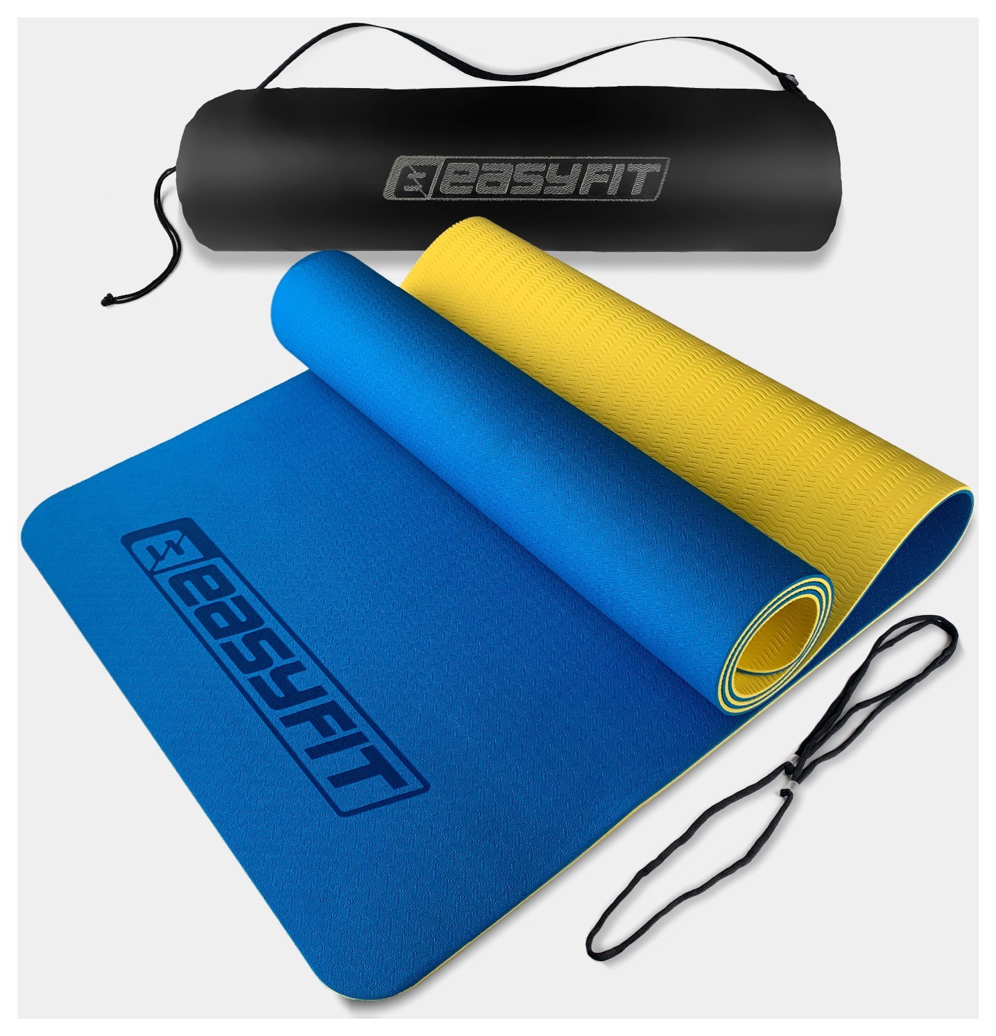 Коврик для йоги и фитнеса EasyFit TPE+TC 6 мм двухслойный + Чехол синий-желтый, EFIT_EF-1924s-BEY