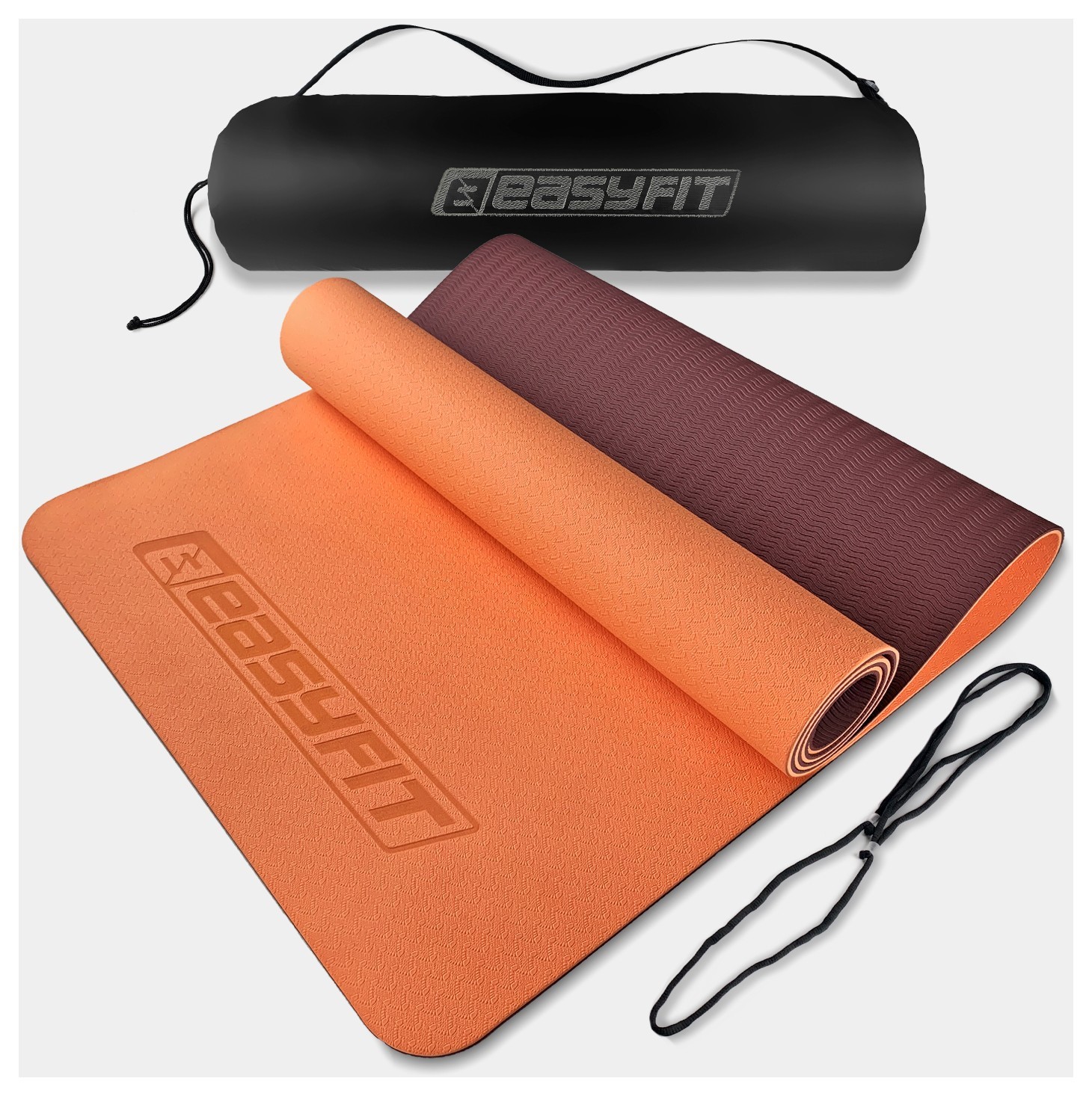 Килимок для йоги та фітнесу EasyFit TPE+TC 6 мм двошаровий + Чохол персиковий-коричневий, EFIT_EF-1924s-PHBN