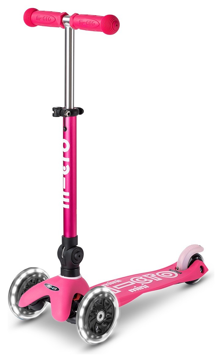 Самокат MICRO серии "Mini Deluxe Foldable LED" – Розовый (сложный, до 50 кг (kg), трехколесный, свет), MMD197