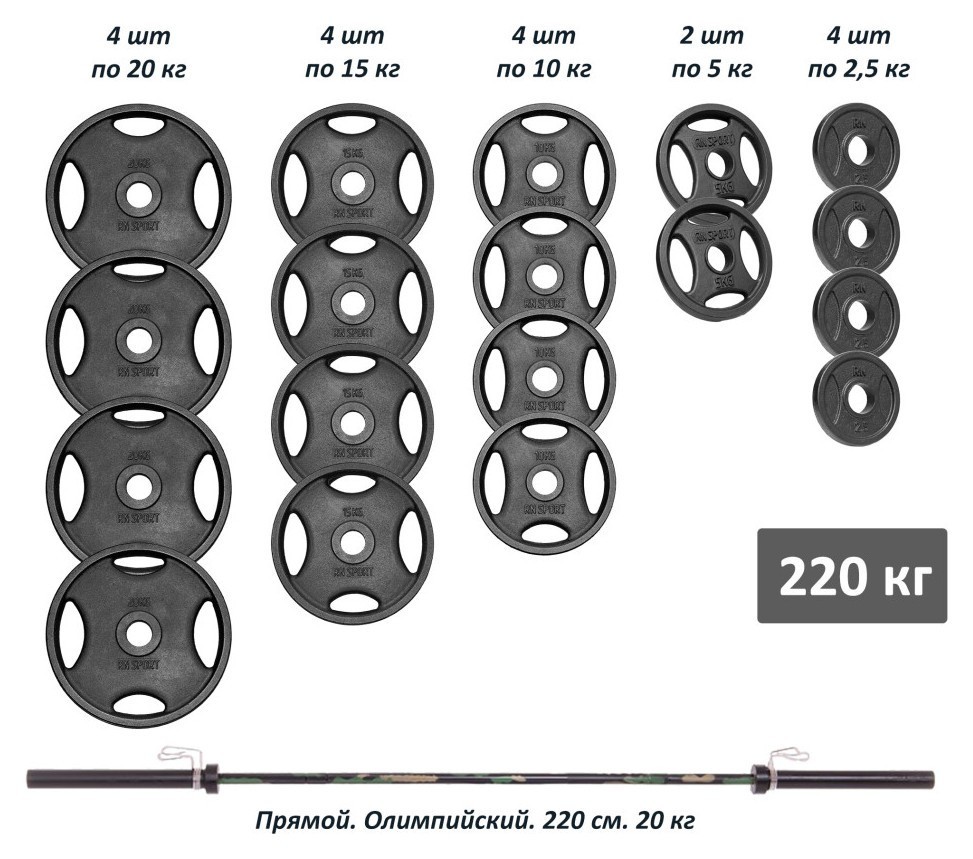 Профессиональная штанга RN-Sport с металлическими дисками в порошковой покраске 220 кг., RNS_RN_Ch220