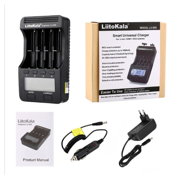 Универсальное интеллектуальное зарядное устройство для Liitokala Lii-500 EU на 4 канала + автомобильный кабель, FNR_Lii-500 EU+Carcable