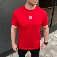 Футболка чоловіча однотонна червона Pobedov Peremoga - наклейка Герб 4см біла