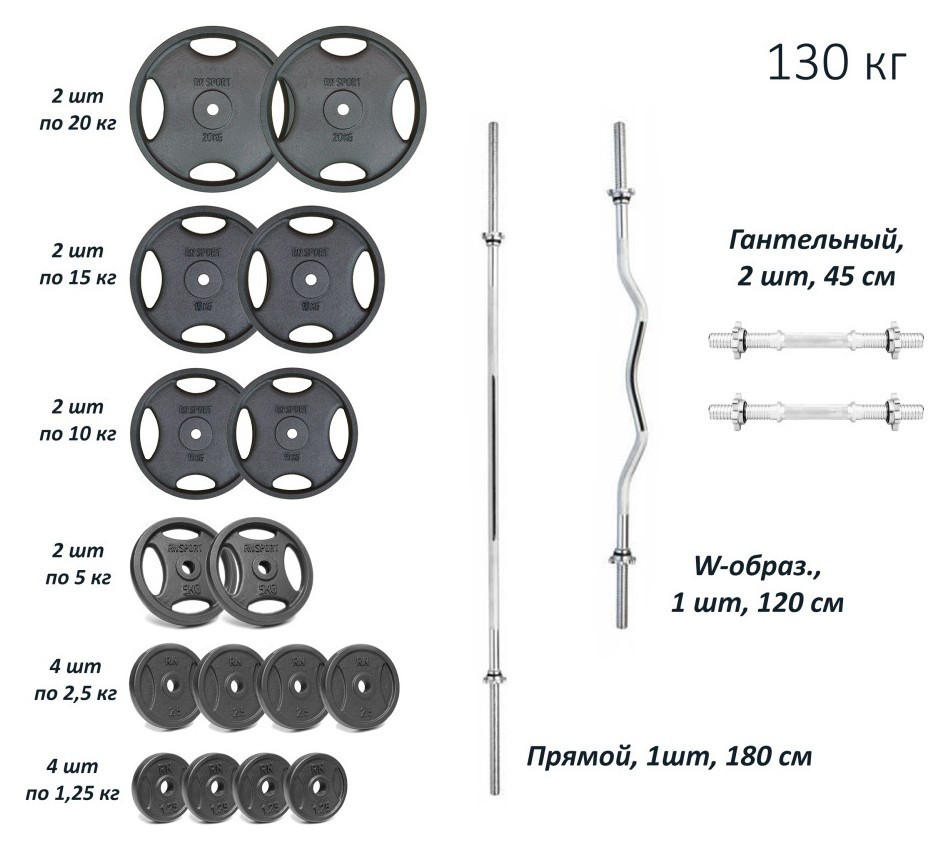 Набір штангу з гантелями. 4 грифи + 115 кг металевих дисків RN-Sport, RNS_Ch4gr115