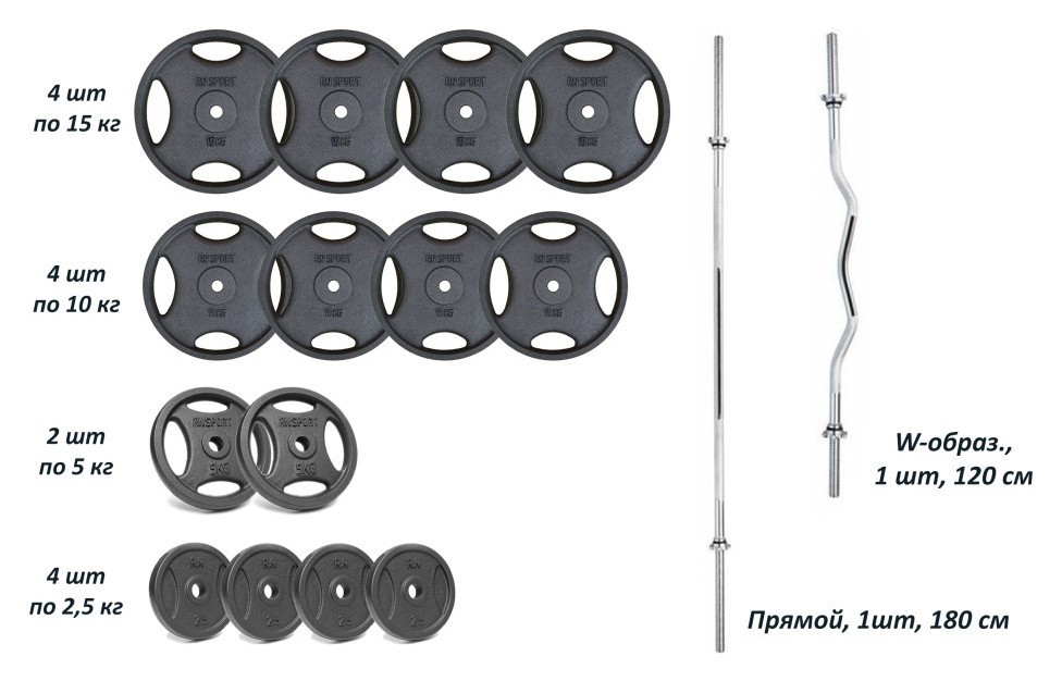 Набір штангу з гантелями. 4 грифи + 120 кг металевих дисків RN-Sport, RNS_RN-ch125