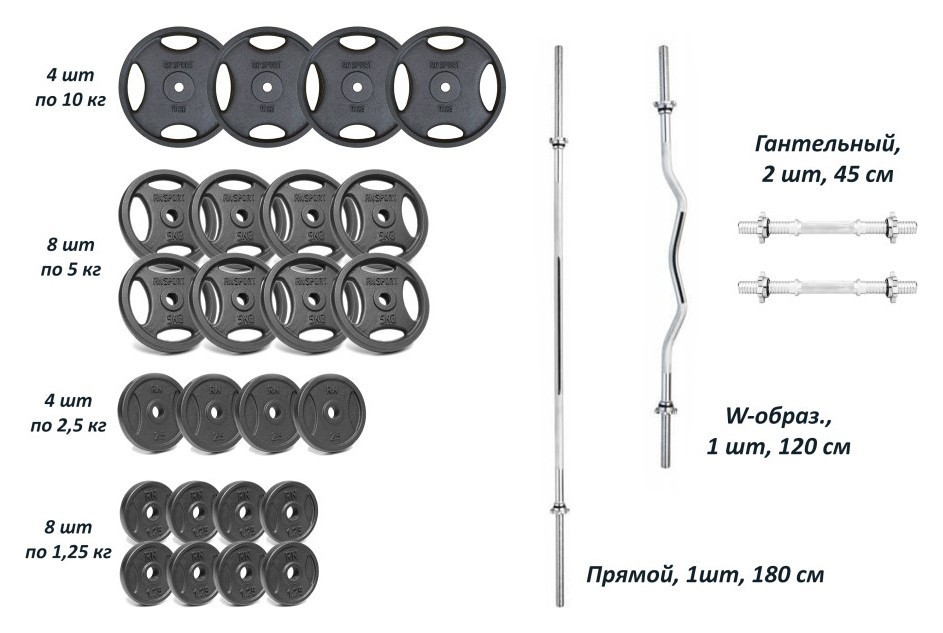 Набір штангу з гантелями. 4 грифи + 100 кг металевих дисків RN-Sport, RNS_RN-ch100