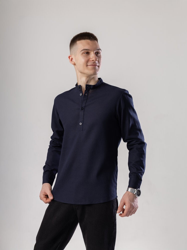 Сорочка з льону чоловіча синя однотонна. Сорочка casual на ґудзиках синя Pobedov Exlnt, POB_00000008757