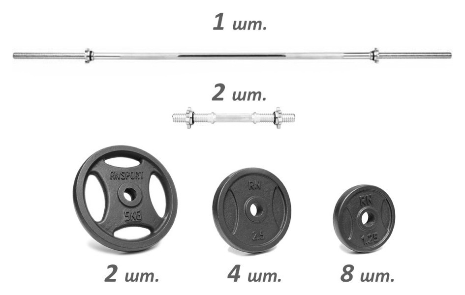 Набор металлических гантелей по 6 кг + штанга 25 кг для фитнеса., RNS_RN-ch625