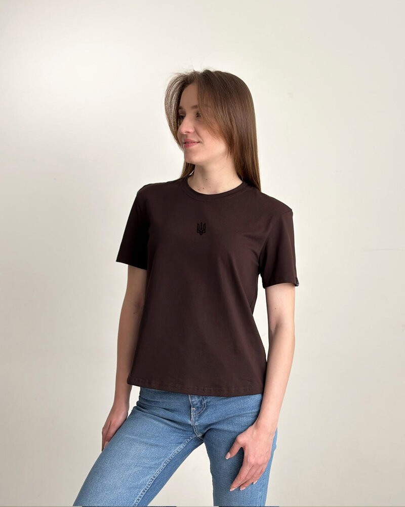 Шоколадна базова жіноча футболка Pobedov Freedom. Бавовняна трендова шоколадна жіноча футболка, POB_00000008914