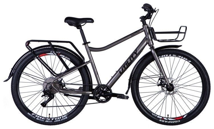 Велосипед ST 27.5" Dorozhnik UTILITY под кассету рама- " с багажником задн St с корзиной St с крылом Pl 2024 (мокрый асфальт ), OPS-D-27.5-000