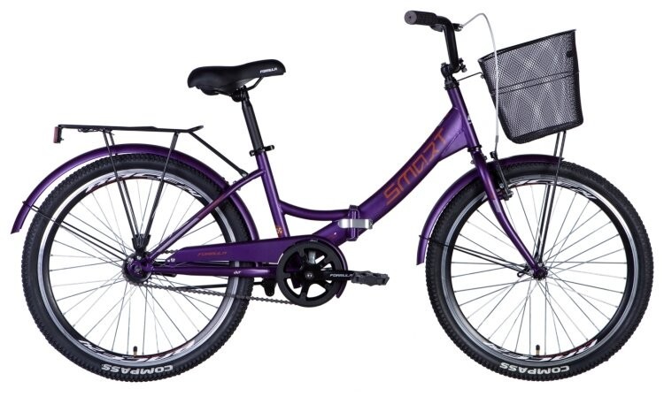 Велосипед ST 24" Formula SMART тормозная рама- " с багажником задн St с корзиной Pl с крылом St 2024 (фиолетовый (м)), OPS-FR-24-390