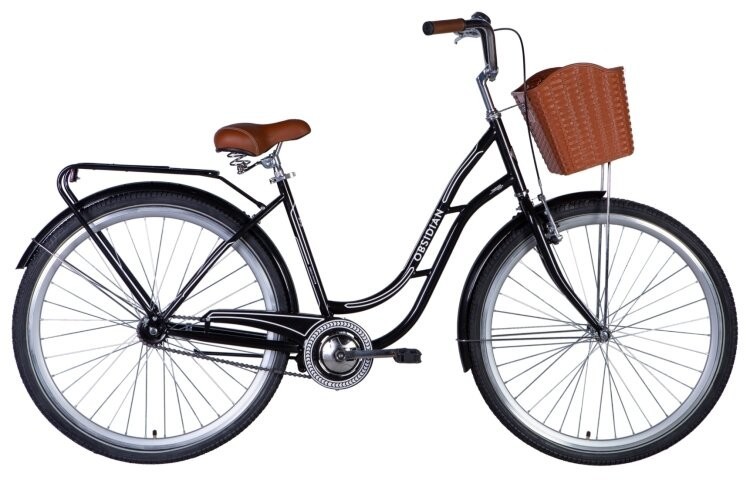 Велосипед ST 28" Dorozhnik OBSIDIAN тормозная рама- с багажником задн St с корзиной Pl с крылом St 2024 (черный), OPS-D-28-371