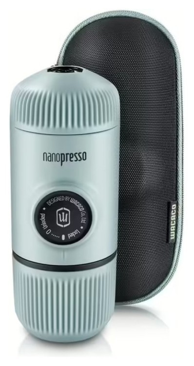 Портативна еспресо-кавоварка Wacaco Nanopresso блакитна з чохлом, механічна, для меленої кави, FNR_WNANOBLUE