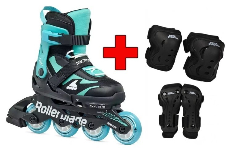 Комплект роликовые коньки Rollerblade Microblade black-light blue + защита + защита, RLK_493474