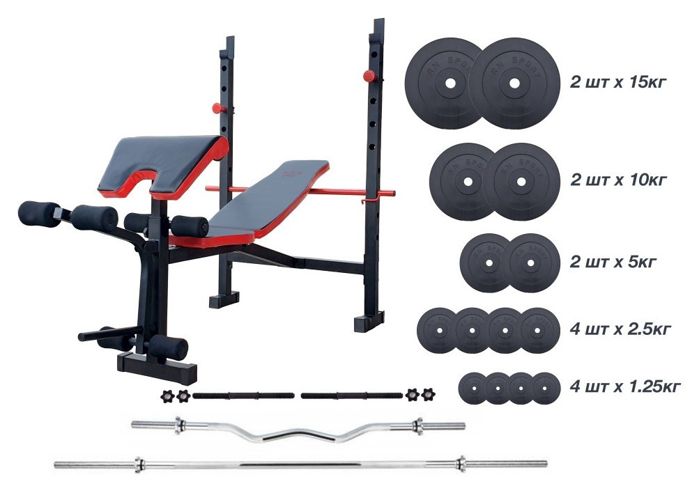 ТОП! Лава для жиму ReadMeBlack + Штанга 83 кг, гриф W, гантелі RN-Sport, RNS_RMB-83