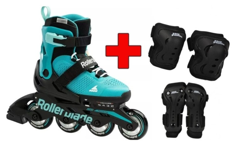 Комплект роликовые коньки Rollerblade Microblade Aqua Black + защита + защита Rollerblade Microblade Aqua Black, RLK_493486
