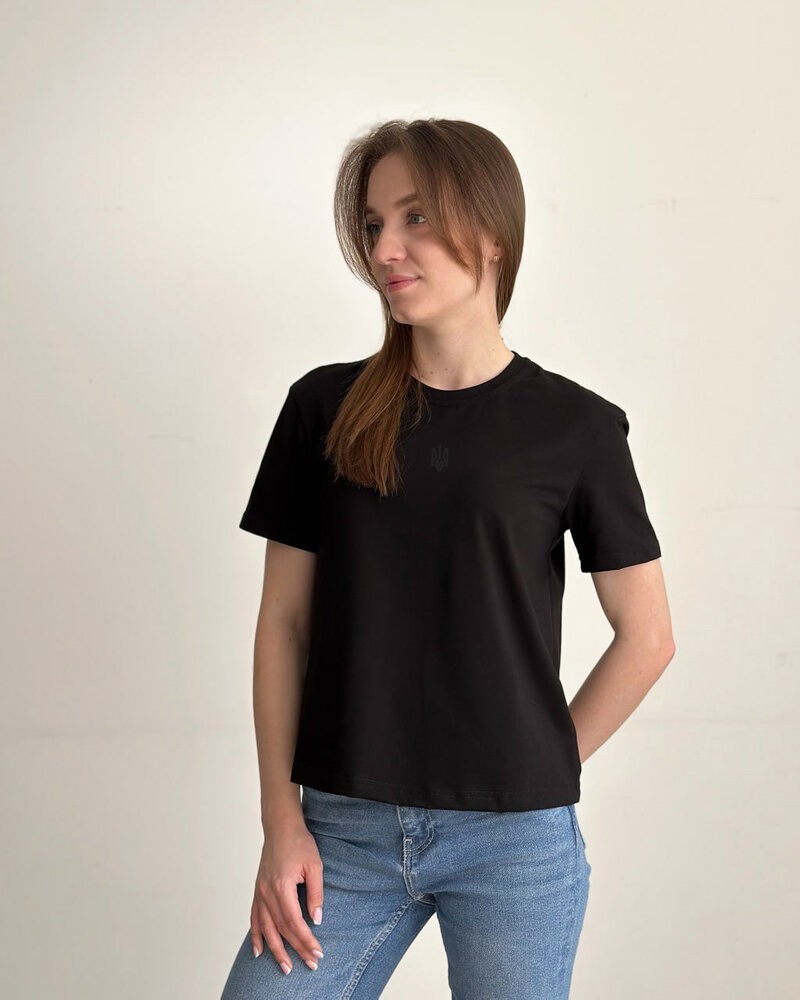 Чорна базова жіноча футболка Pobedov Freedom. Бавовняна жіноча футболка чорна, POB_00000008913