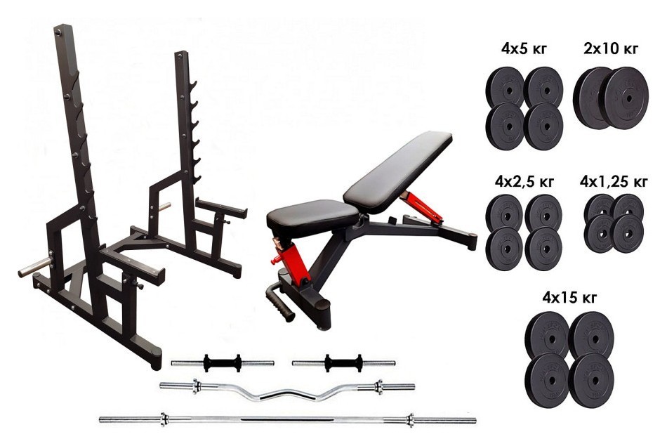 Професійна лава зі стійками RN-Sport black rock + 4 грифи, 115 кг млинців, RNS_Bit115_BLrocK