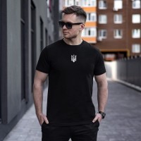 Футболка чоловіча однотонна чорна Pobedov Peremoga - наклейка Герб 4см біла